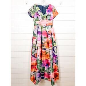 NWT Kay Unger Watercolor Floral V-Neck Maxi A-Line Dress Multicolor Size 6